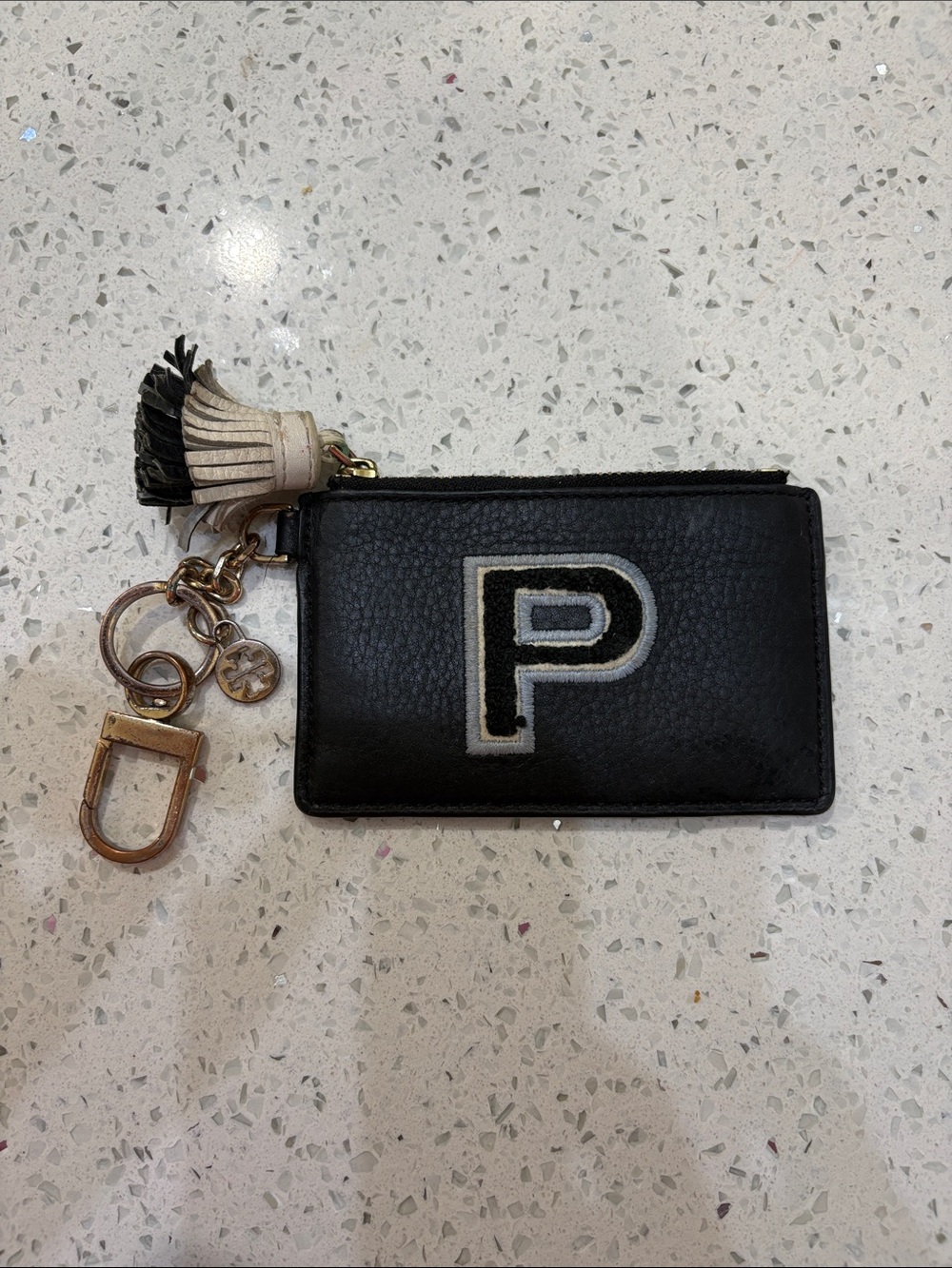 Tory Burch Black Leather Card Case Keyring with Tassel